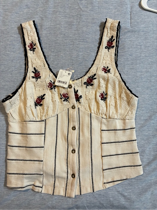 Free People Tops - Free People Cream Knit Embroidered Button-Front Camisole with Black Trim